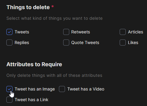 Redact’s Things to delete panel with Tweets ticked and Tweet has an Image ticked under Attributes to Require
