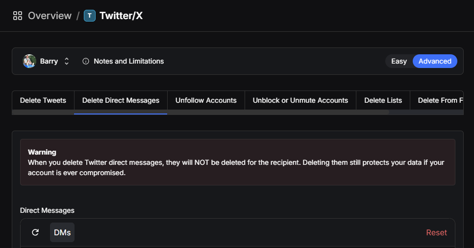 Redact’s Twitter/X page on the Delete Direct Messages tab, with the Easy and Advanced toggle at the top right