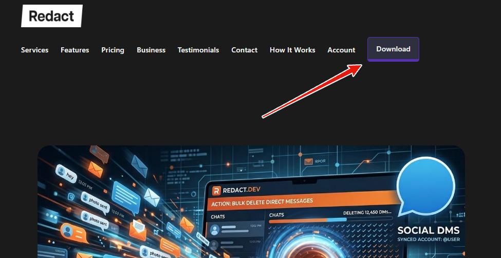 The redact.dev homepage with a red arrow pointing at the Download button in the top-right nav bar
