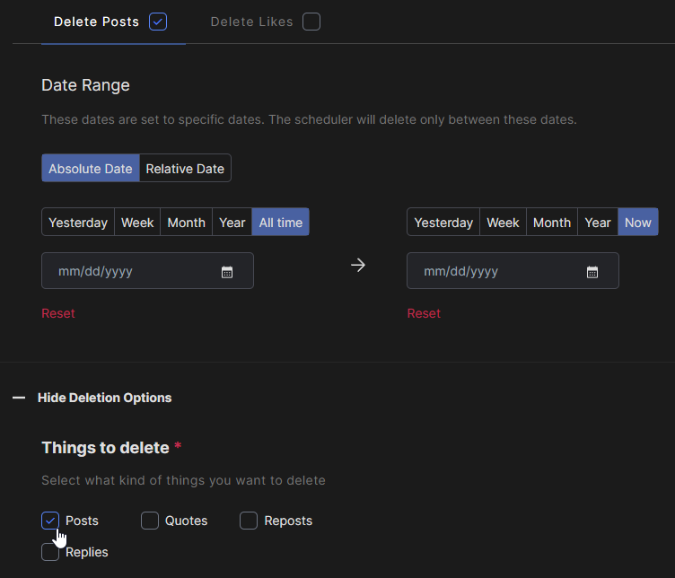 Redact's Bluesky form on the Delete Posts tab, Date Range spanning All time to Now and Posts ticked under Things to delete