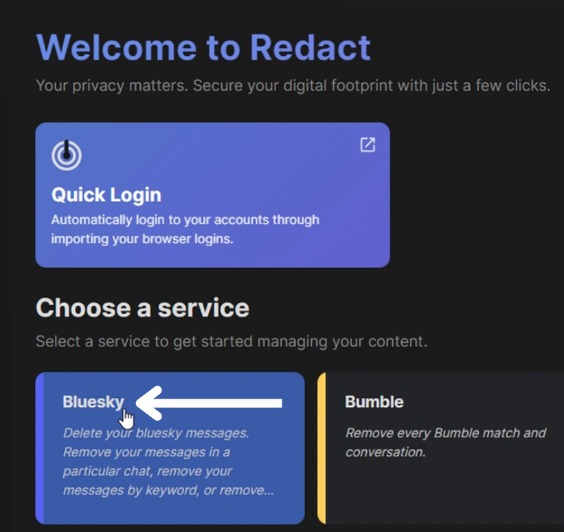 Redact’s Choose a service screen with an arrow pointing at Bluesky, the first tile in the list