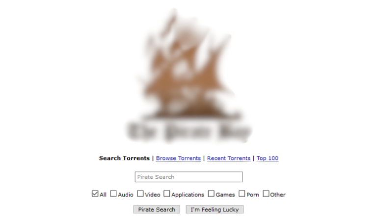 The Pirate Bay homepage, its pirate ship logo blurred, above a torrent search box and category checkboxes