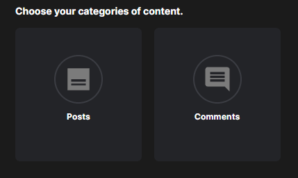 Redact’s Choose your categories of content step with the Posts and Comments tiles both selected