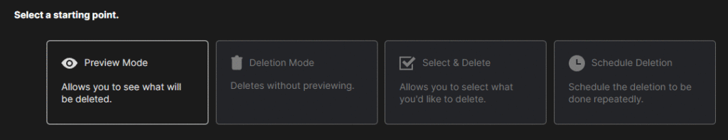 Redact’s four modes side by side: Preview Mode, Deletion Mode, Select & Delete and Schedule Deletion