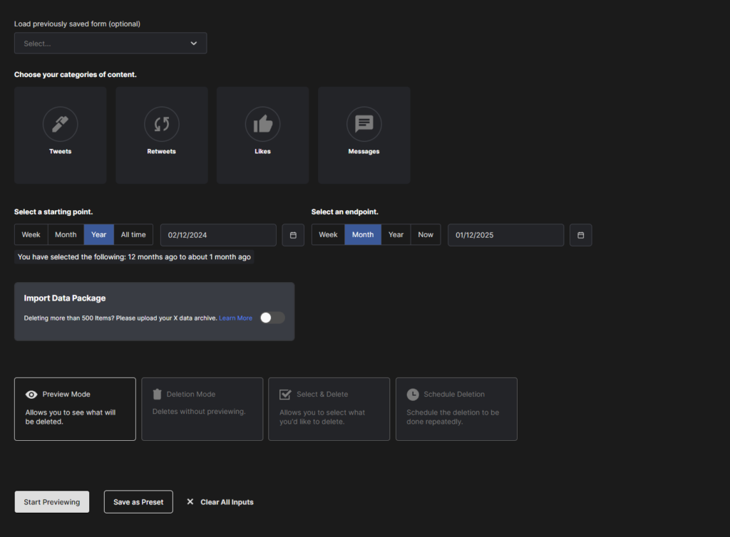 Easy Mode for Twitter: content tiles for Tweets, Retweets, Likes and Messages, a start and end date picker, Import Data Package, and the four deletion modes