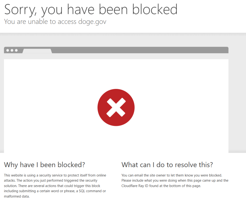 Cloudflare block page headed “Sorry, you have been blocked. You are unable to access doge.gov”.
