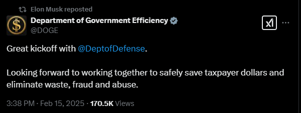 Post from @DOGE, reposted by Elon Musk, about a “great kickoff” with the Department of Defense to eliminate waste, fraud and abuse.