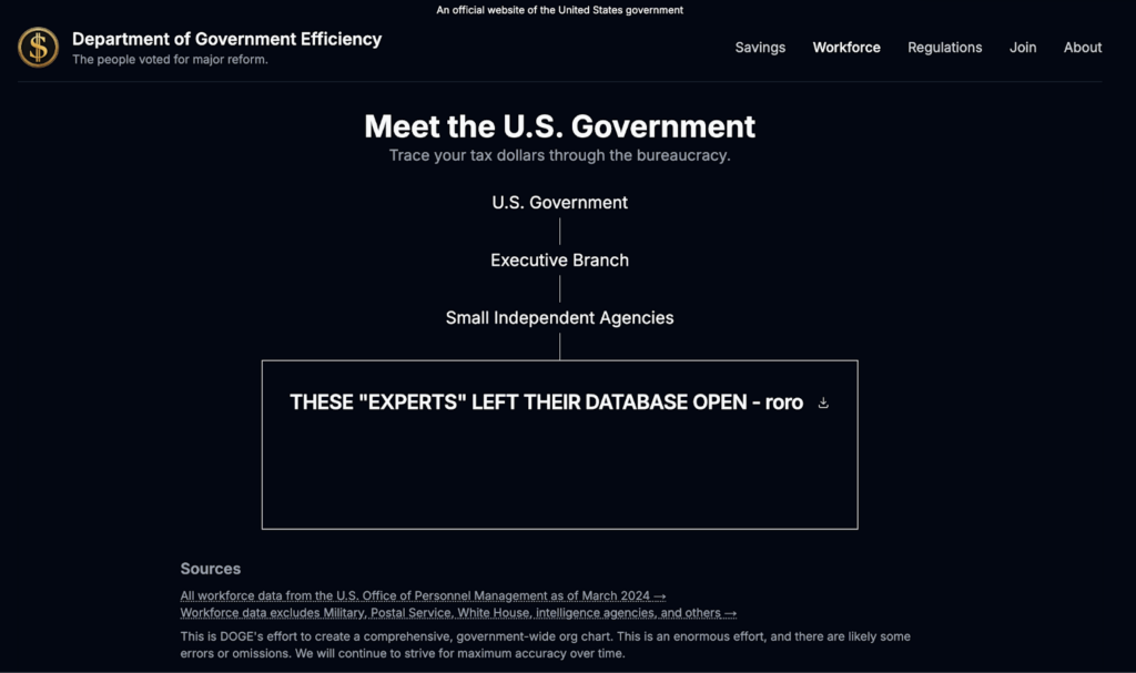 The DOGE site’s government org chart, with an agency node replaced by the text THESE EXPERTS LEFT THEIR DATABASE OPEN