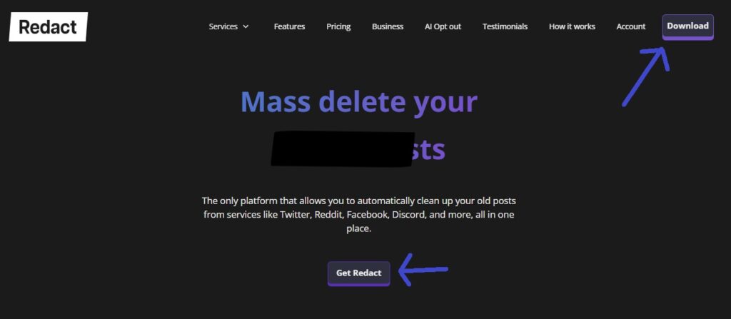 The redact.dev homepage with arrows pointing at the Download button in the nav bar and the Get Redact button below the headline