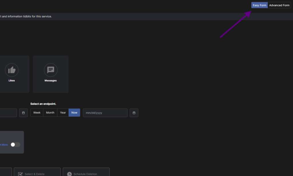 A purple arrow pointing at the Easy Form and Advanced Form toggle in the top-right corner of a service page