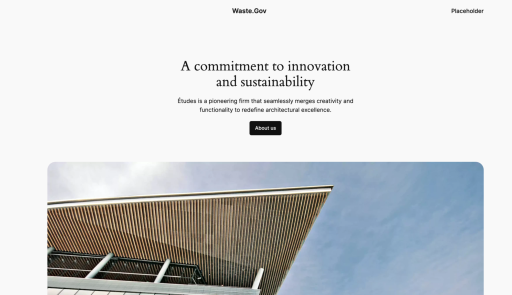 Waste.Gov homepage still showing untouched WordPress theme copy for a fictional architecture firm, with a “Placeholder” menu item.