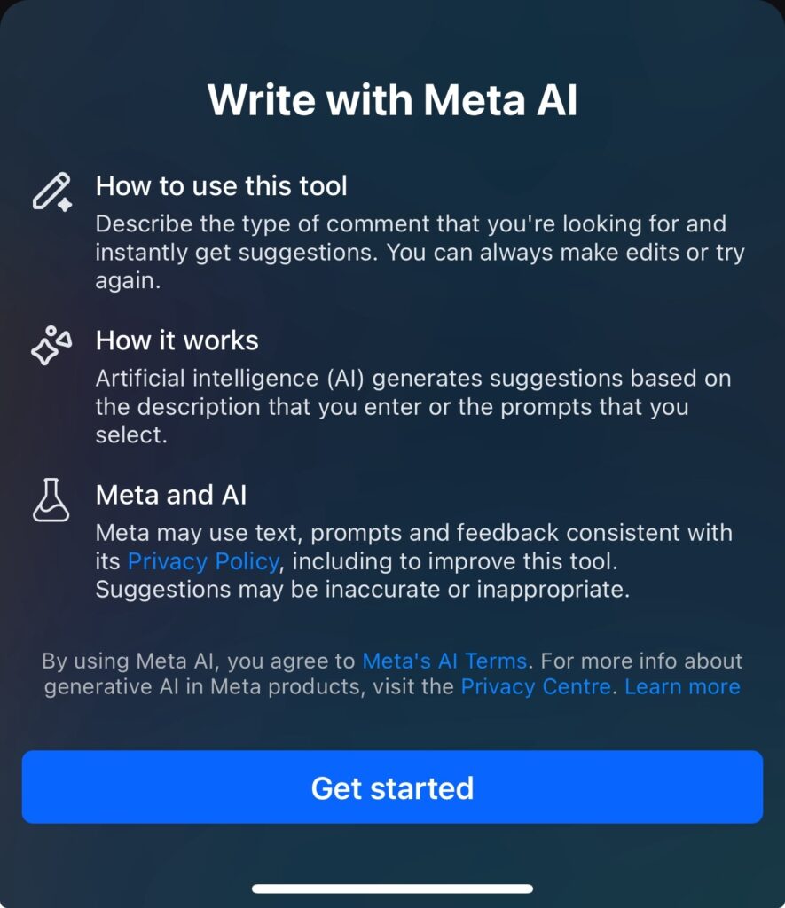 Instagram’s “Write with Meta AI” pane explaining AI-suggested comments, with a Get started button