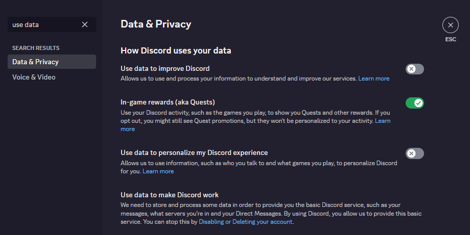 Discord’s Data & Privacy settings under “How Discord uses your data”, with the data-sharing toggles switched off