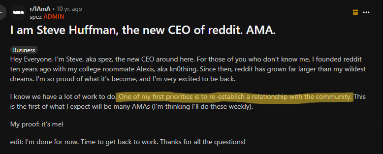 Spez's 2015 r/IAmA post as reddit's new CEO, with his pledge to re-establish a relationship with the community highlighted