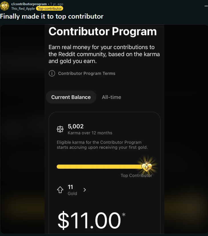 Contributor Program balance in a r/contributorprogram post: 5,002 karma over 12 months and 11 gold, worth $11.00