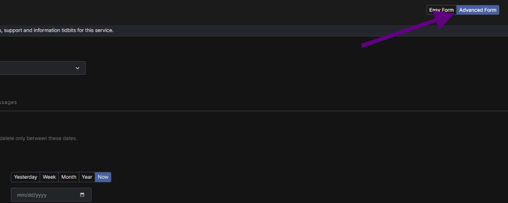 A purple arrow pointing at the Advanced Form toggle in the top right of Redact's Reddit form