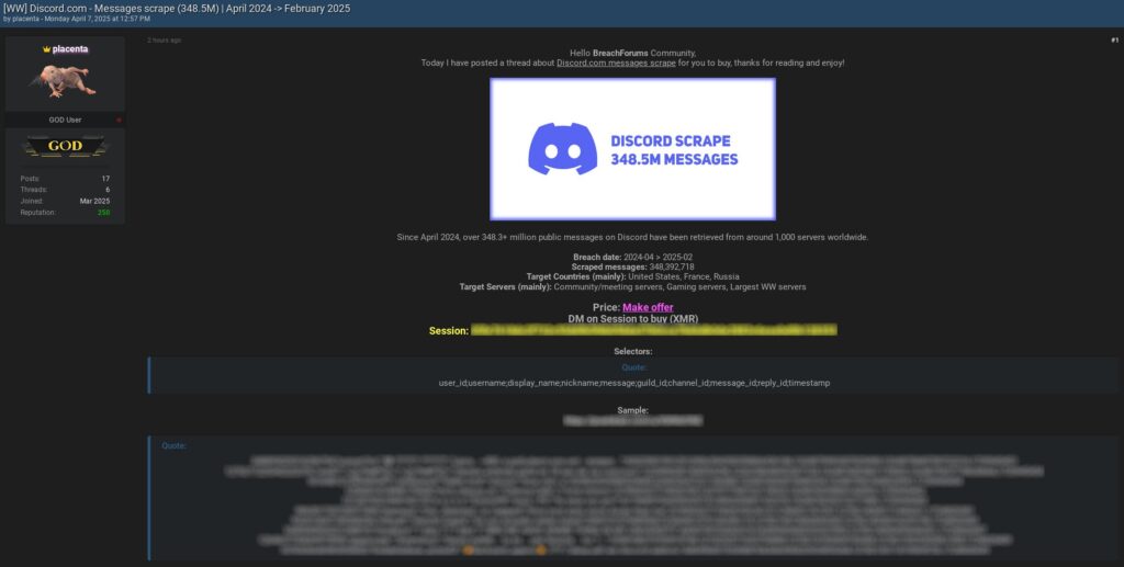 The Breach Forums listing claiming 348 million scraped Discord messages