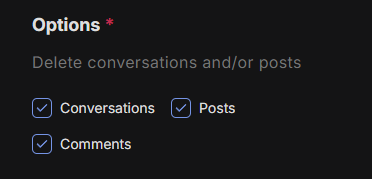 LinkedIn Options checkboxes (Conversations, Posts and Comments) all ticked