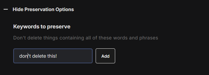 Keywords to preserve field with “don’t delete this!” typed in, so matching likes are kept