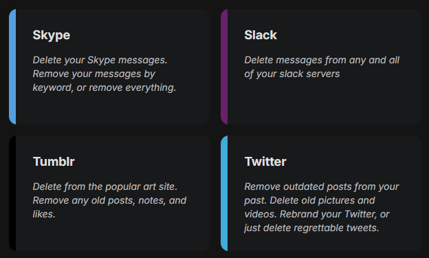 Skype, Slack, Tumblr and Twitter cards in Redact's service list, the Skype one offering to delete Skype messages