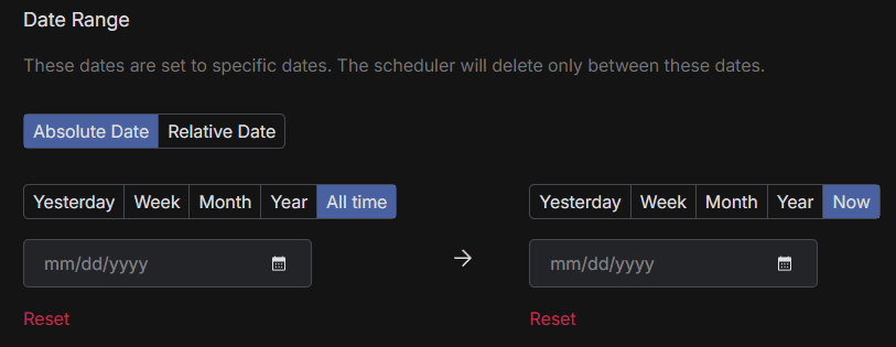 Redact's Date Range filter, where the Yesterday, Week, Month, Year and All time shortcuts fill in the start date for an Imgur deletion