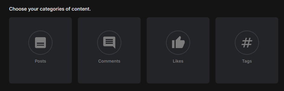 Easy Form category tiles (Posts, Comments, Likes, Tags) with Likes being switched on