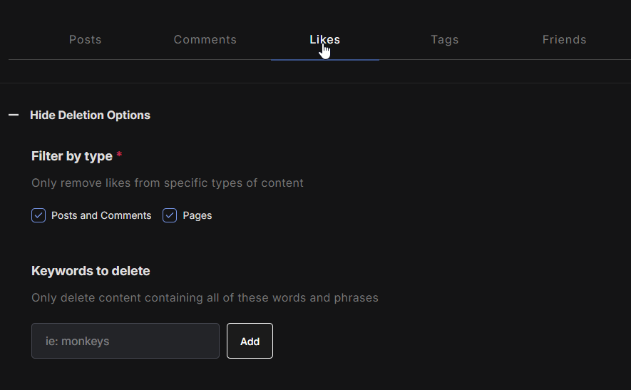 Advanced Form Likes tab: Filter by type set to Posts and Comments plus Pages, above a Keywords to delete field