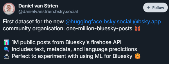 Bluesky post from Daniel van Strien announcing a one-million-bluesky-posts dataset pulled from the firehose API for machine learning