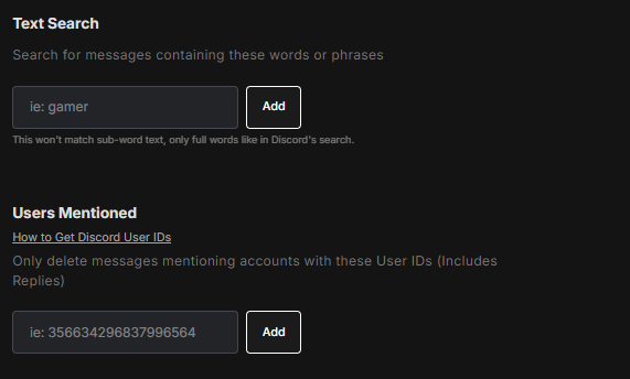 The text search filter for deleting messages containing specific keywords