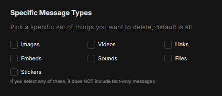 Selecting content types like images, videos, and links for deletion