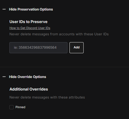 Preservation options for pinned messages and specific user IDs