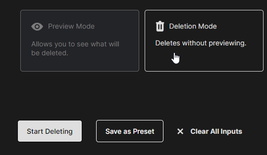 Deletion Mode selected next to a greyed-out Preview Mode, with the Start Deleting button below