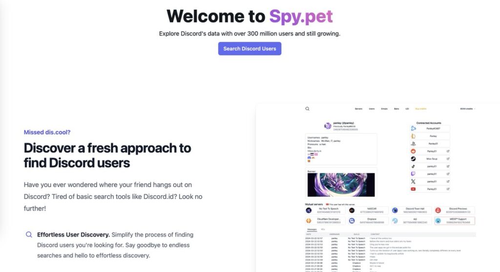 The spy.pet website that sold scraped Discord user data