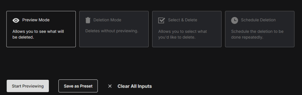 Preview Mode selected out of Redact's four modes, with a Start Previewing button below the row