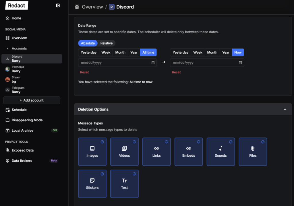 Redact app Discord mass message deletion interface