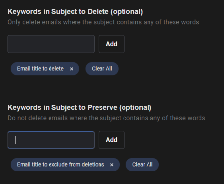 Want to protect or target emails according to word(s) in the subject line of your emails? Redact can search and delete (or whitelist) your emails by subject or email title. Enter your chosen subject in the input field, and click the add button to add it. To remove a subject, just click the “x” that is in line with the keyword. To clear all Subject, click the Clear All button.
