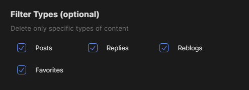 Filter Types (optional) with the Posts, Replies, Reblogs and Favorites checkboxes all ticked