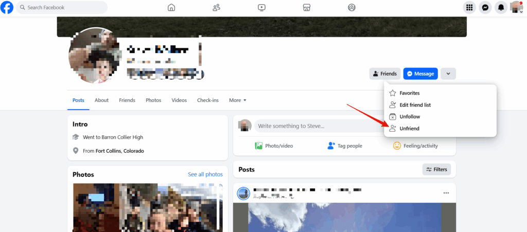 The Unfriend option in the Facebook Friends drop-down menu