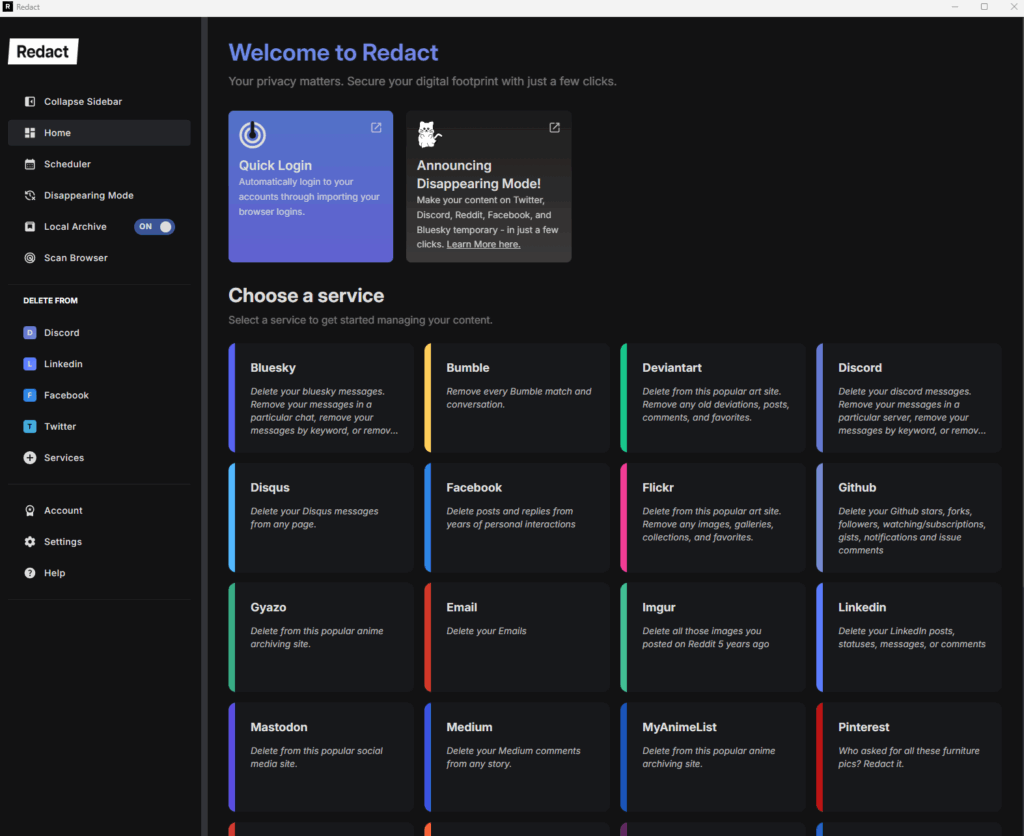 Redact’s home screen: Welcome to Redact above a Choose a service grid of Bluesky, Bumble, Discord, Facebook and more