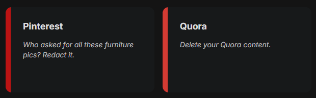 The Quora card, reading Delete your Quora content, being selected next to the Pinterest card in Redact's service list