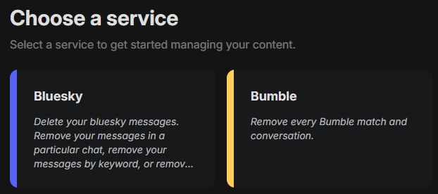 Cursor selecting the Bumble card (Remove every Bumble match and conversation) on Redact’s Choose a service screen