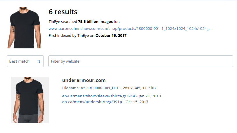TinEye reverse image search matching the black t-shirt photo on aaroncohenshow.com to underarmour.com, first indexed in 2017