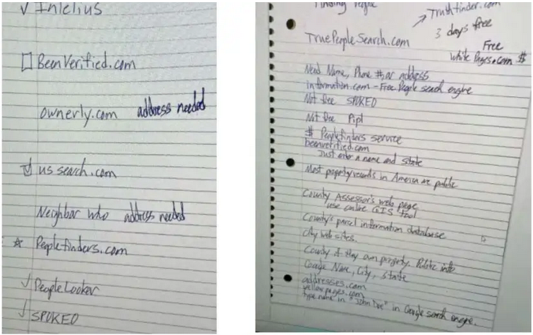 Two handwritten notebook pages listing people search sites including Intelius, BeenVerified, Spokeo and TruePeopleSearch