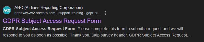 A Google result still listing ARC’s GDPR Subject Access Request Form on arccorp.com