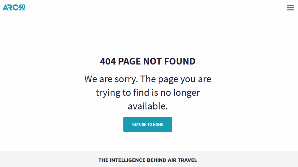 The same ARC page now returning “404 page not found: the page you are trying to find is no longer available”