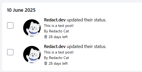 Ticking the checkbox beside each post in the Facebook Page recycle bin, next to the byline and the 28 days left countdown