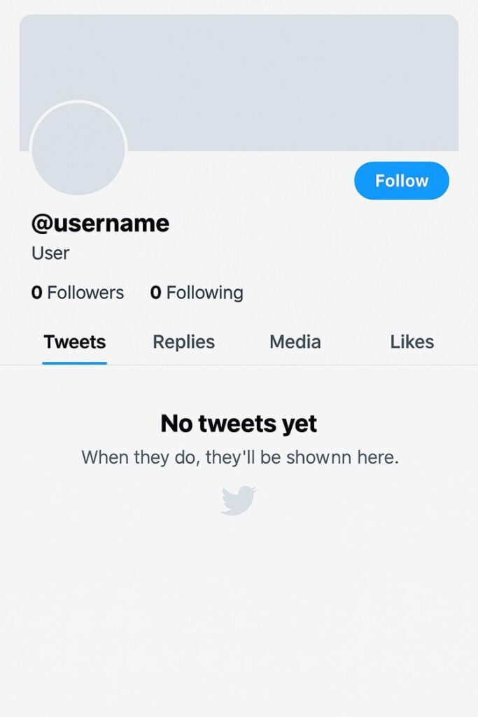An emptied Twitter profile for @username showing 0 Followers, 0 Following and No tweets yet