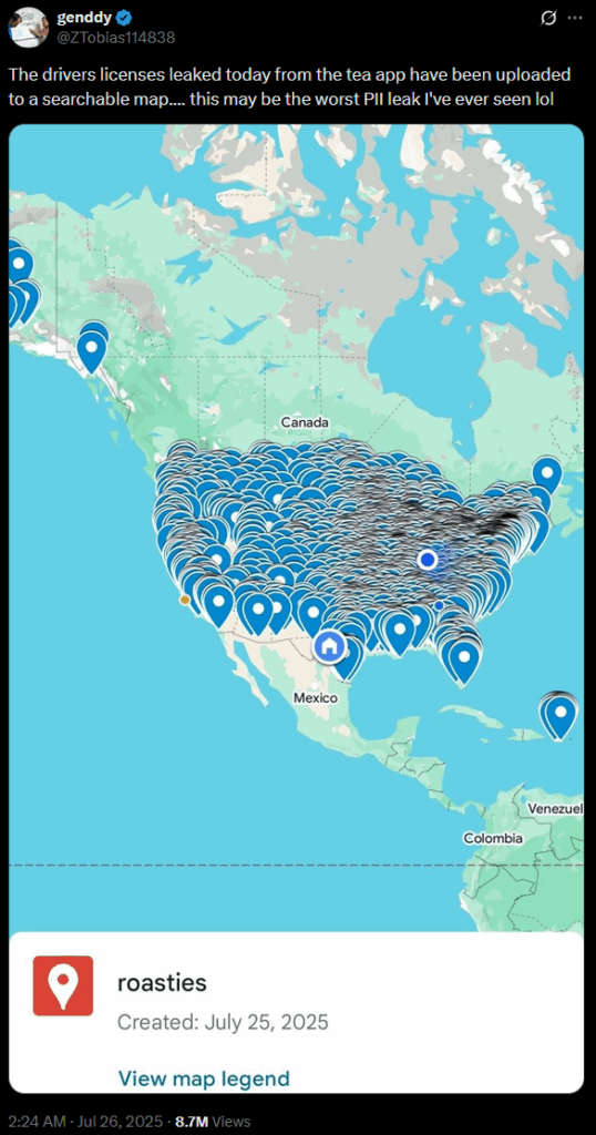 The X post in question, showing a map of North America blanketed with thousands of location pins on a list named “roasties”