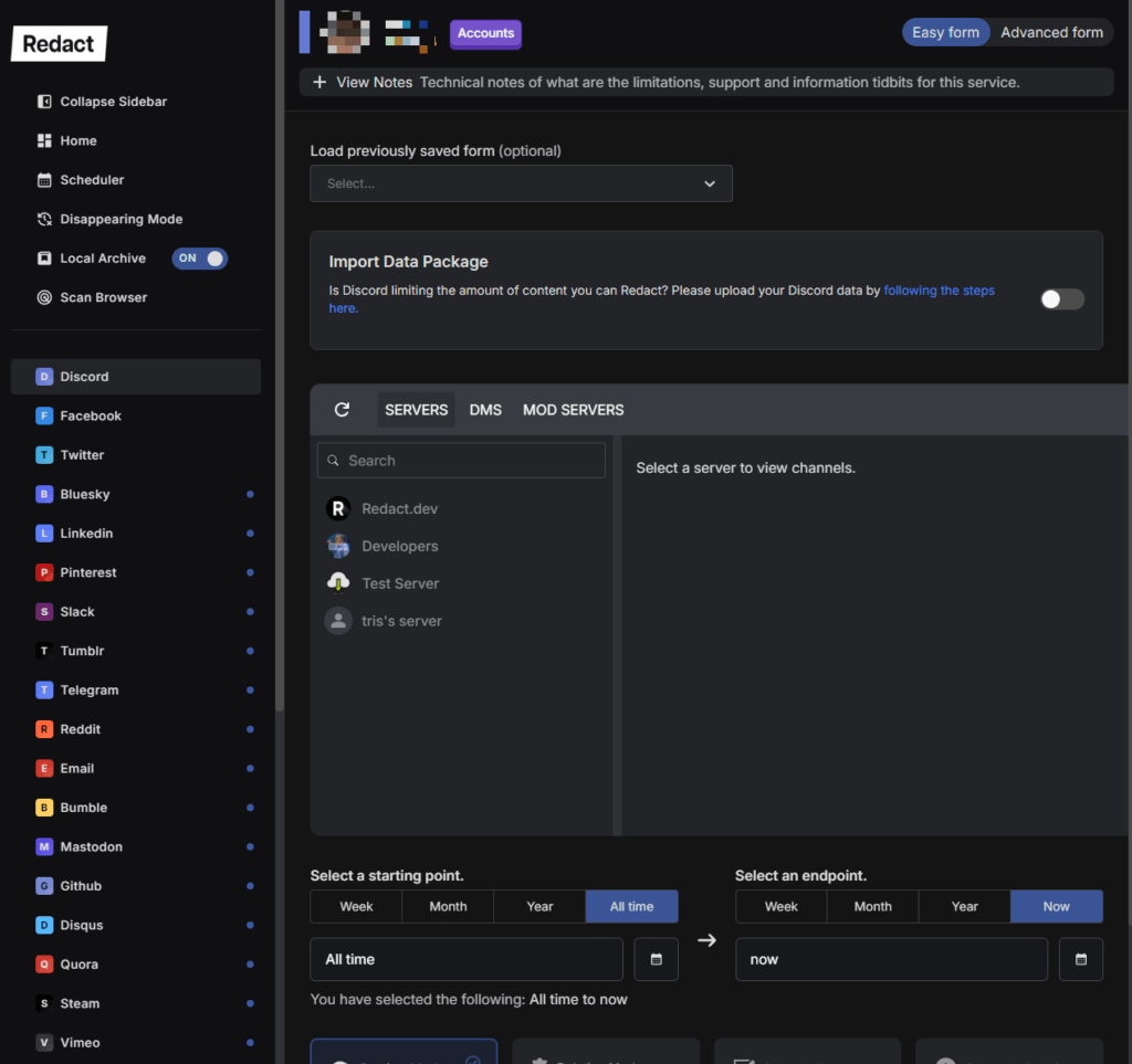 Redact’s Discord page with the sidebar of supported platforms, a server list, and the time range set from All time to now.