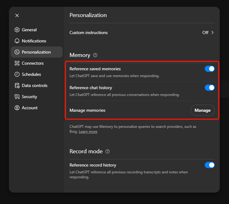 ChatGPT’s Personalization settings with the Memory block outlined in red: Reference saved memories and Reference chat history both switched on, plus Manage memories